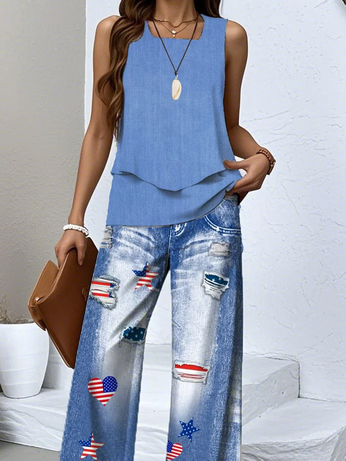 Casual Faux Denim Print Graphic Crew Neck Regular Fit Two-Piece Set
