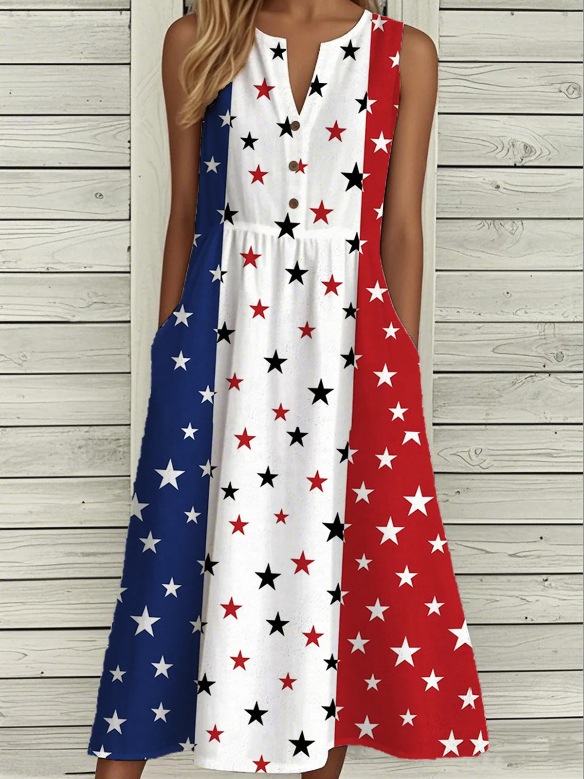 Loose Casual Notched Independence Day Dress