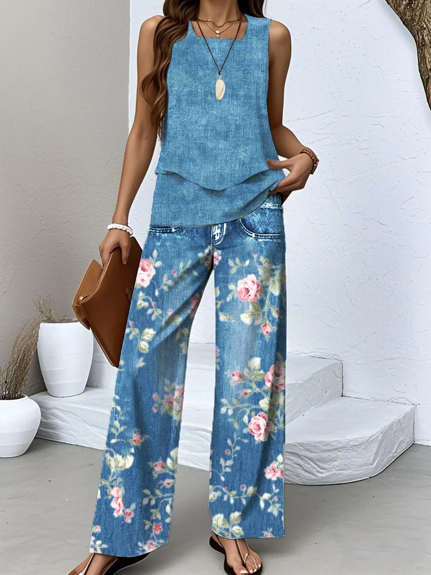 Casual Faux Denim Print Graphic Regular Fit Two-Piece Set