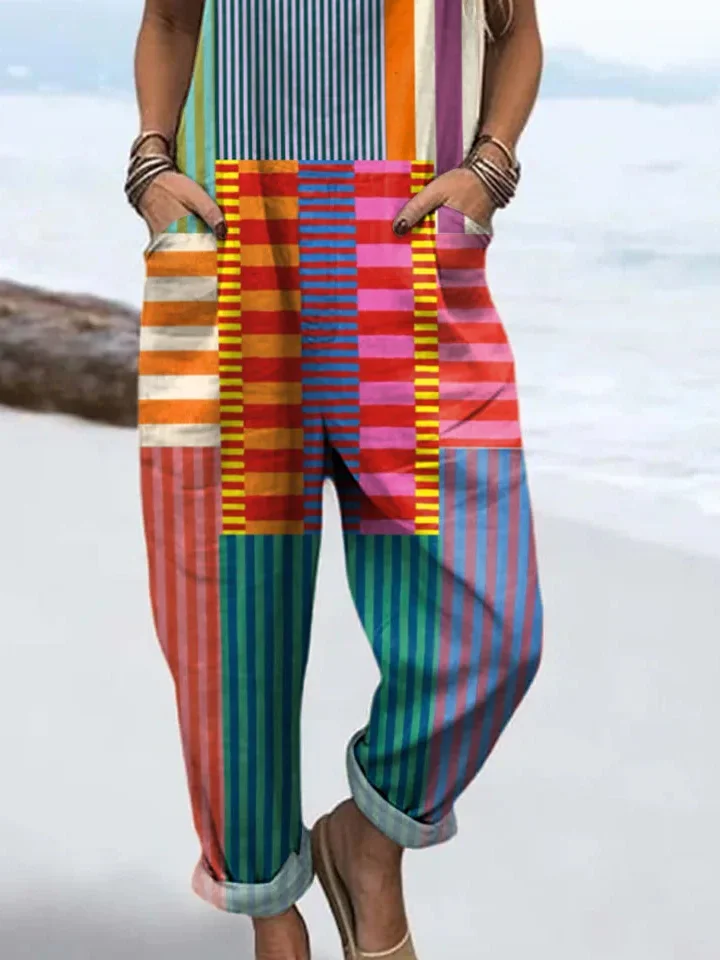 Women's H-Line Overall Square Neck Daily Going Out Casual Printing Striped Spring/Fall Long Jumpsuit Romper