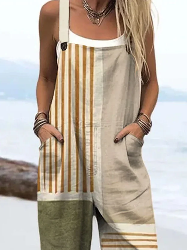 Women's H-Line Overall Square Neck Daily Going Out Casual Printing Striped Spring/Fall Long Jumpsuit Romper