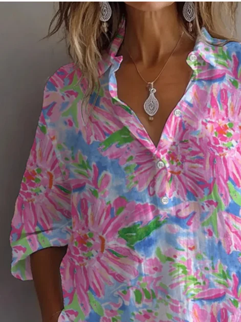 Women's Long Sleeve Shirt Spring/Fall Pink Floral Printing Shirt Collar Daily Going Out Casual Top