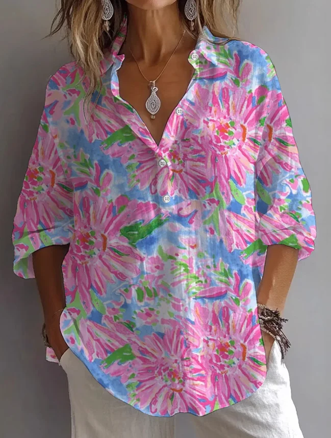 Women's Long Sleeve Shirt Spring/Fall Pink Floral Printing Shirt Collar Daily Going Out Casual Top