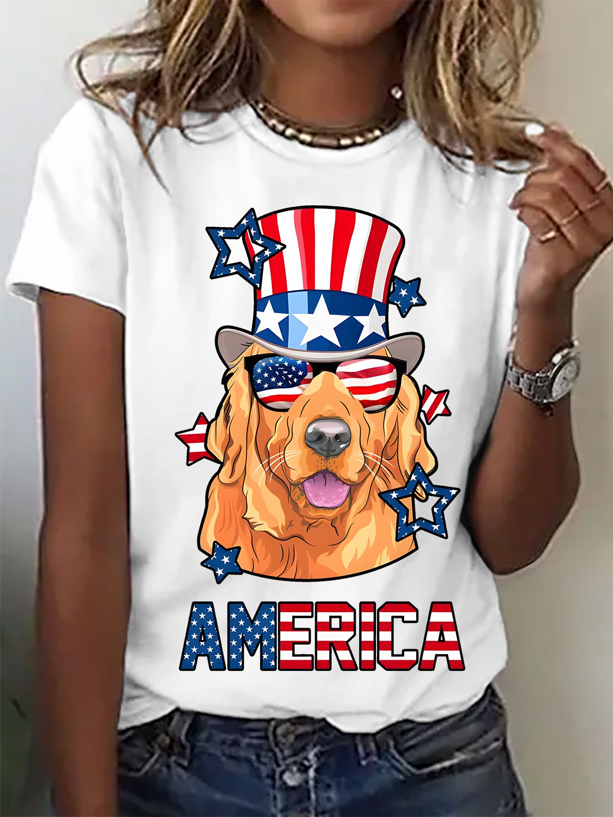 Golden Retriever American Flag Hat Glasses 4th of July Dog Cotton T-shirt