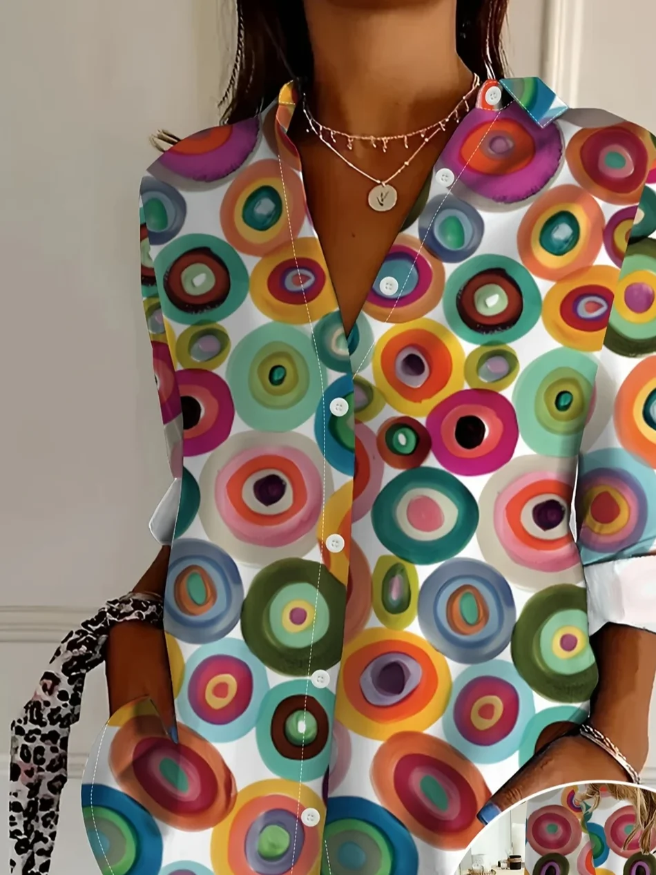 Women's Long Sleeve Shirt Spring/Fall As Picture Abstract Buckle Shirt Collar Daily Going Out Casual Top