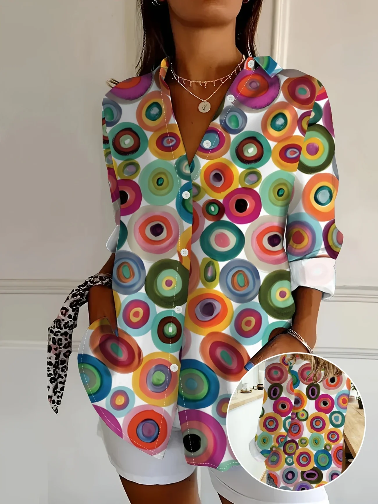 Women's Long Sleeve Shirt Spring/Fall As Picture Abstract Buckle Shirt Collar Daily Going Out Casual Top