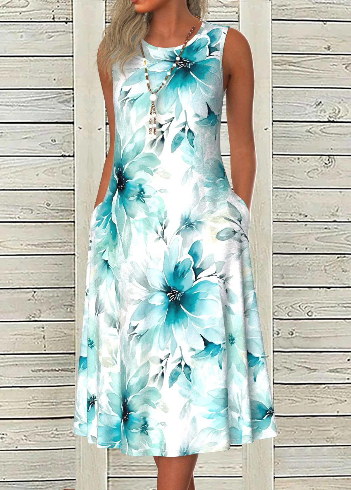 V Neck Cotton Casual Floral Dress With No