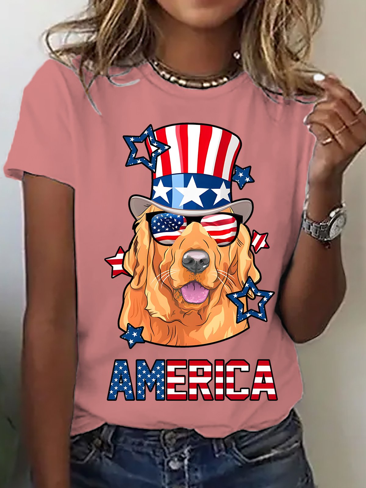 Golden Retriever American Flag Hat Glasses 4th of July Dog Cotton T-shirt