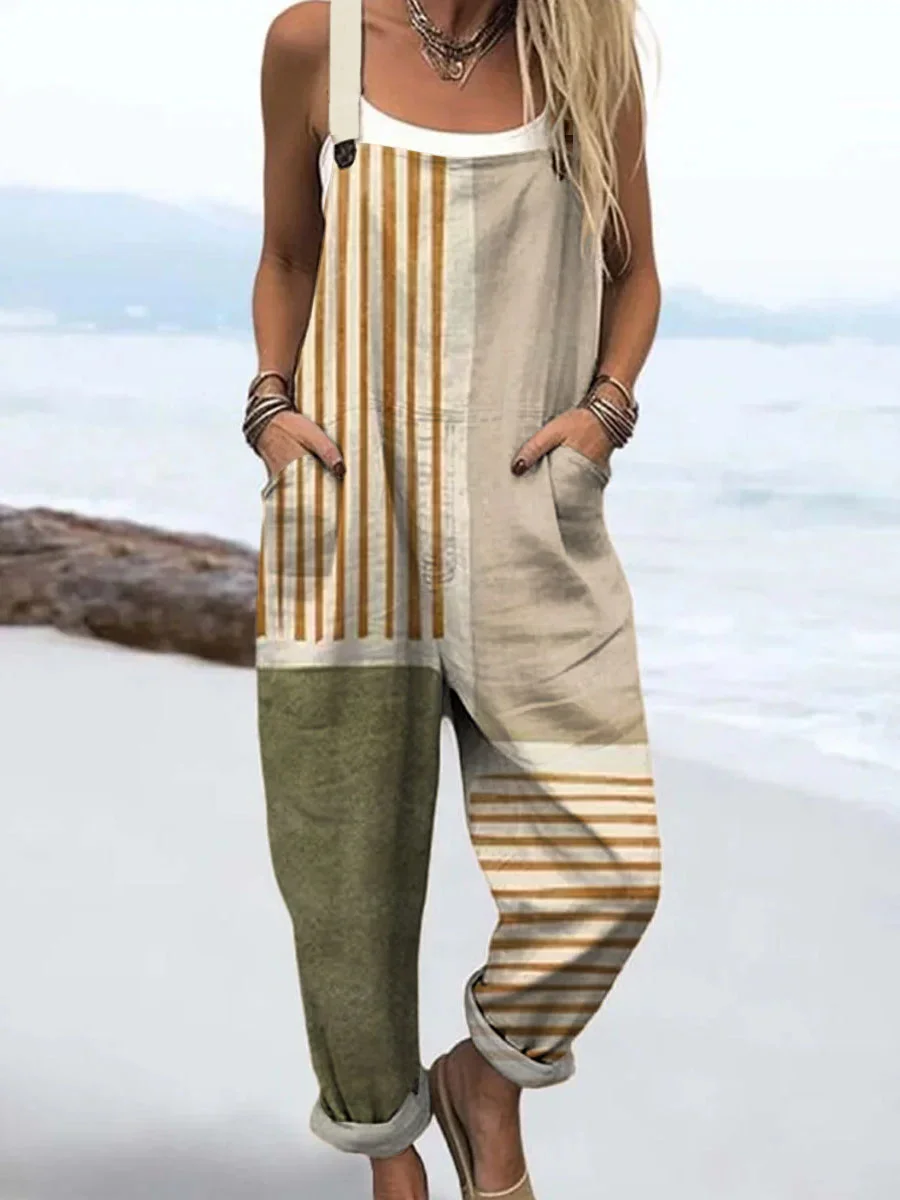 Women's H-Line Overall Square Neck Daily Going Out Casual Printing Striped Spring/Fall Long Jumpsuit Romper