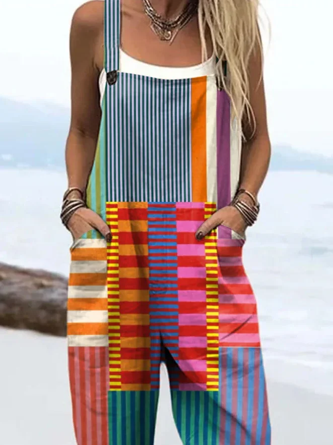 Women's H-Line Overall Square Neck Daily Going Out Casual Printing Striped Spring/Fall Long Jumpsuit Romper