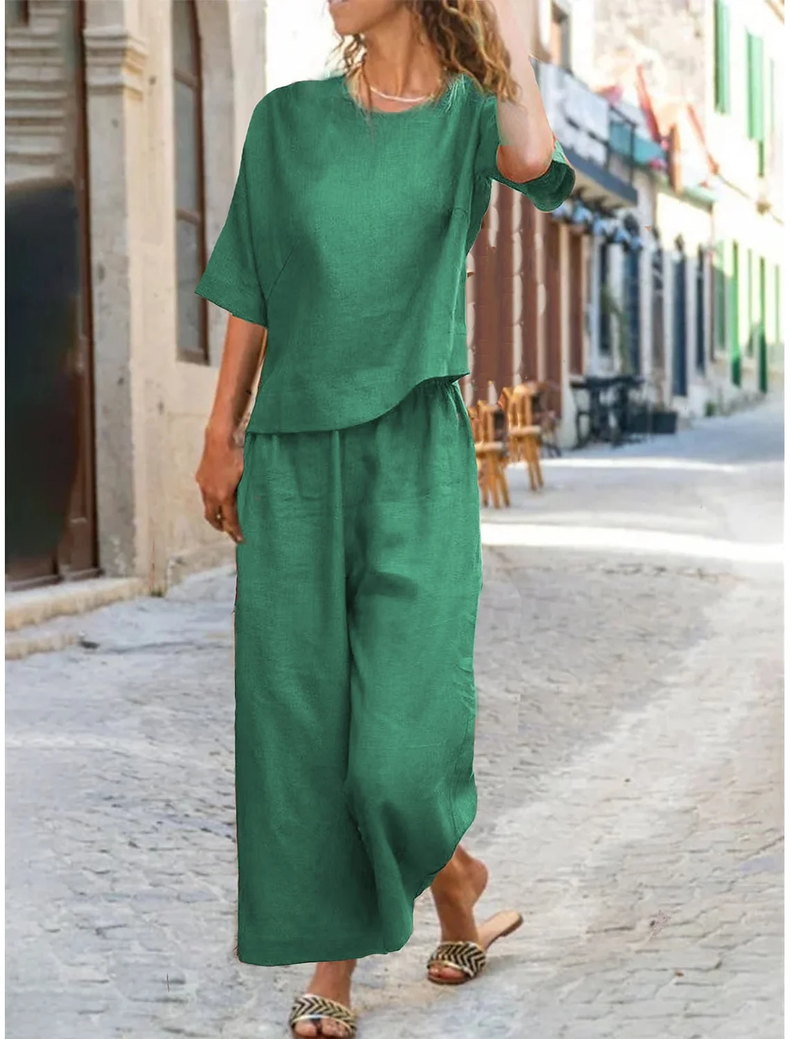 Loose Crew Neck Casual Linen Blend Two-Piece Set