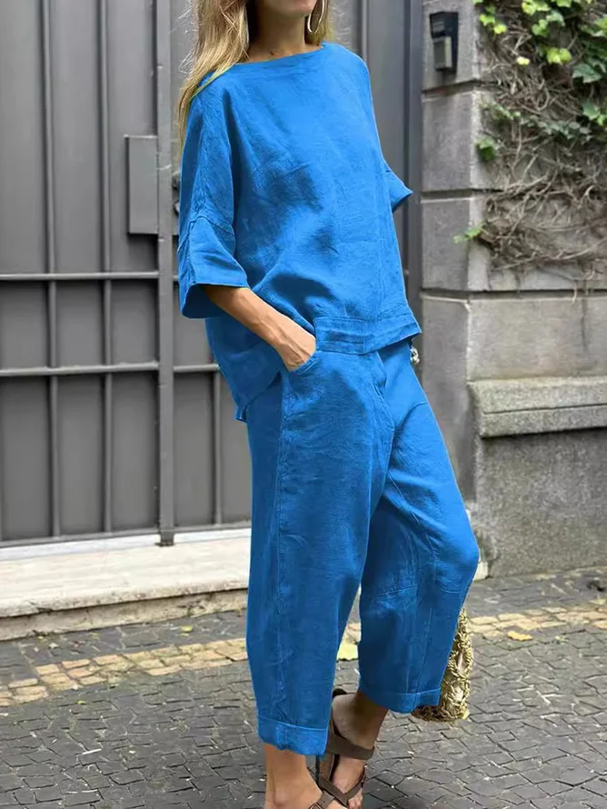 Crew Neck Loose Linen Blend Casual Two-Piece Set
