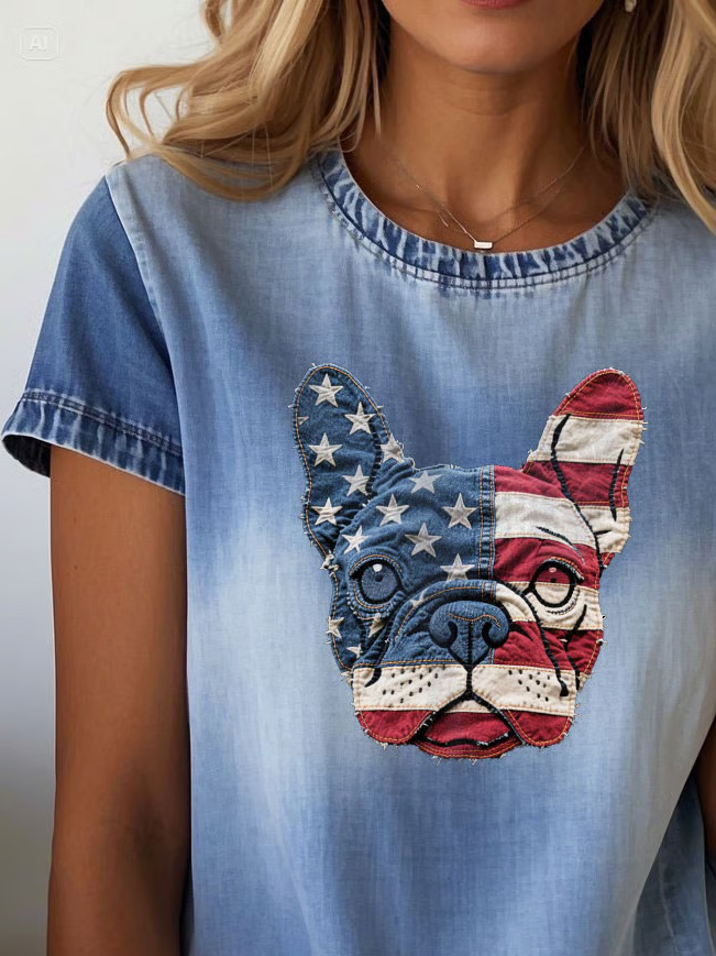 Women's Short Sleeve T-shirt Summer Blue Faux Denim Print Graphic Printing Crew Neck Daily Going Out Casual Top