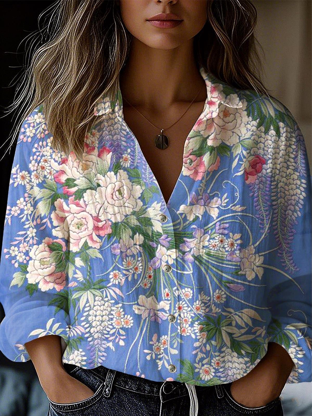 Shirt Collar Casual Loose Floral Shirt