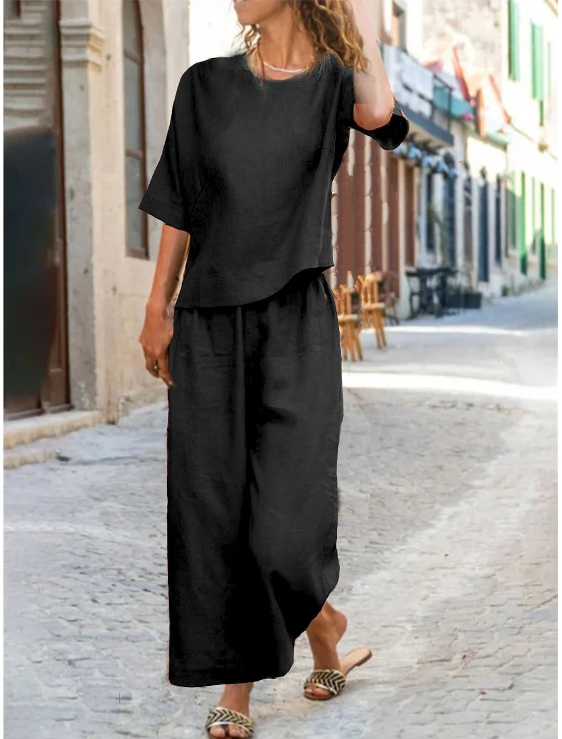 Loose Crew Neck Casual Linen Blend Two-Piece Set