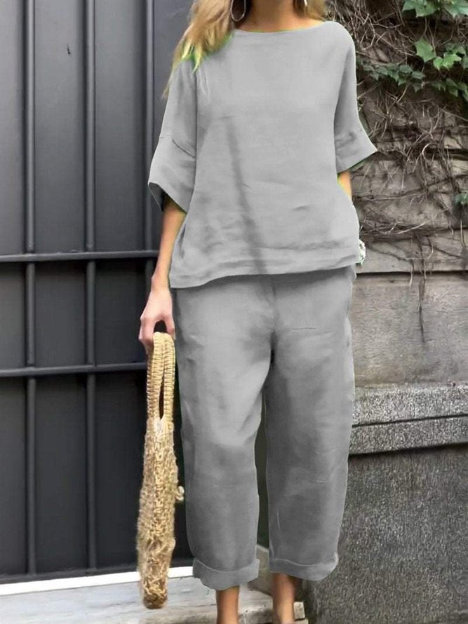 Crew Neck Loose Linen Blend Casual Two-Piece Set