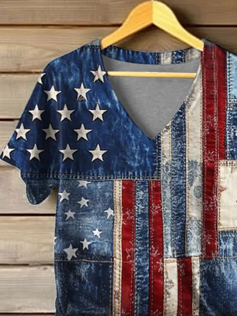 Women's Short Sleeve T-shirt Summer Blue Independence Day (Flag) Printing V Neck Daily Going Out Casual Top