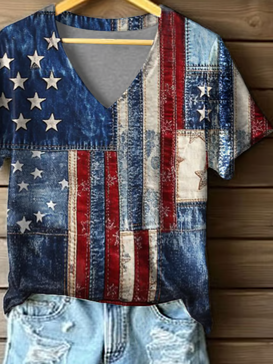 Women's Short Sleeve T-shirt Summer Blue Independence Day (Flag) Printing V Neck Daily Going Out Casual Top