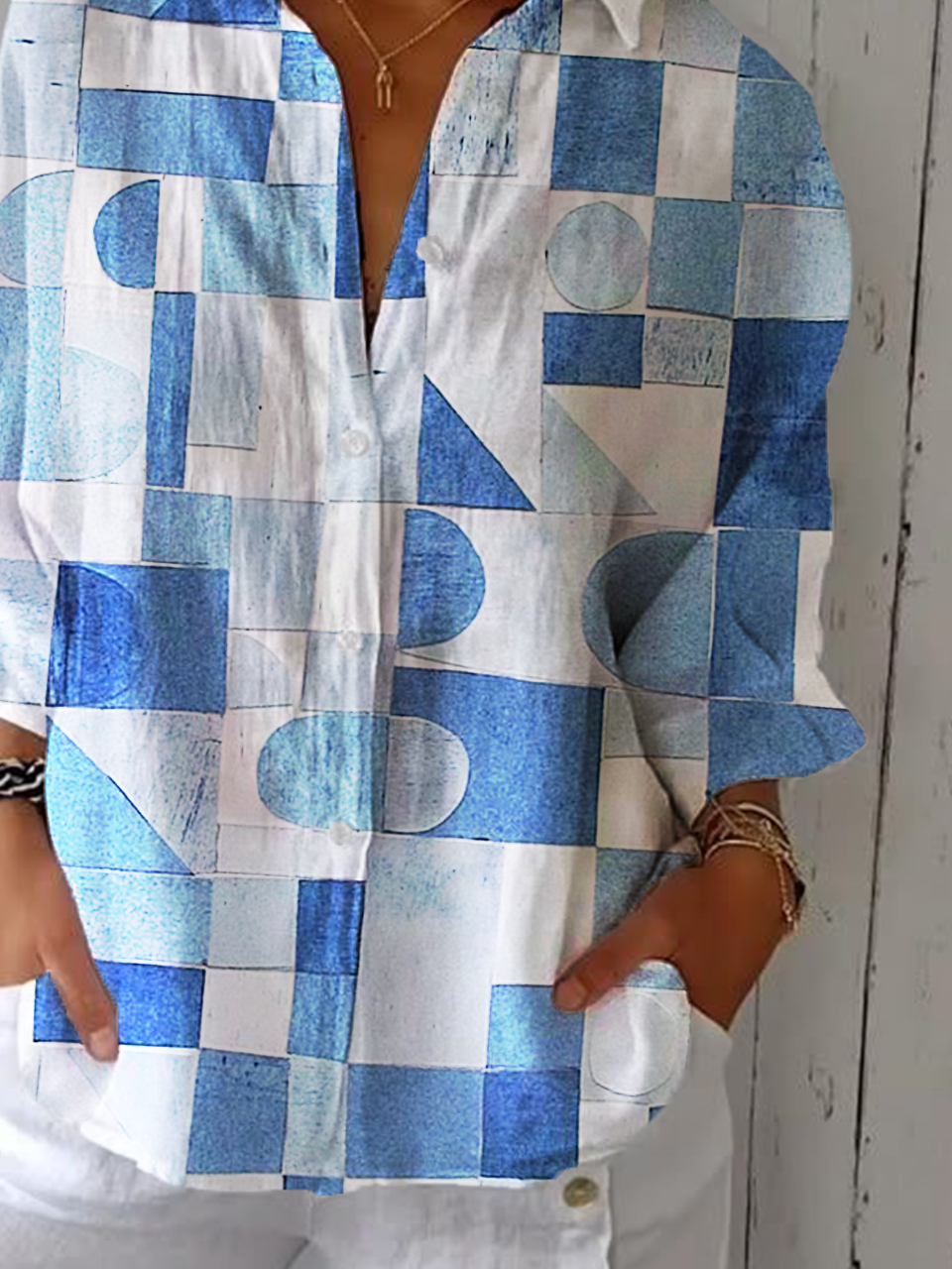 Casual Loose Shirt Collar Multicolor Block Shirt