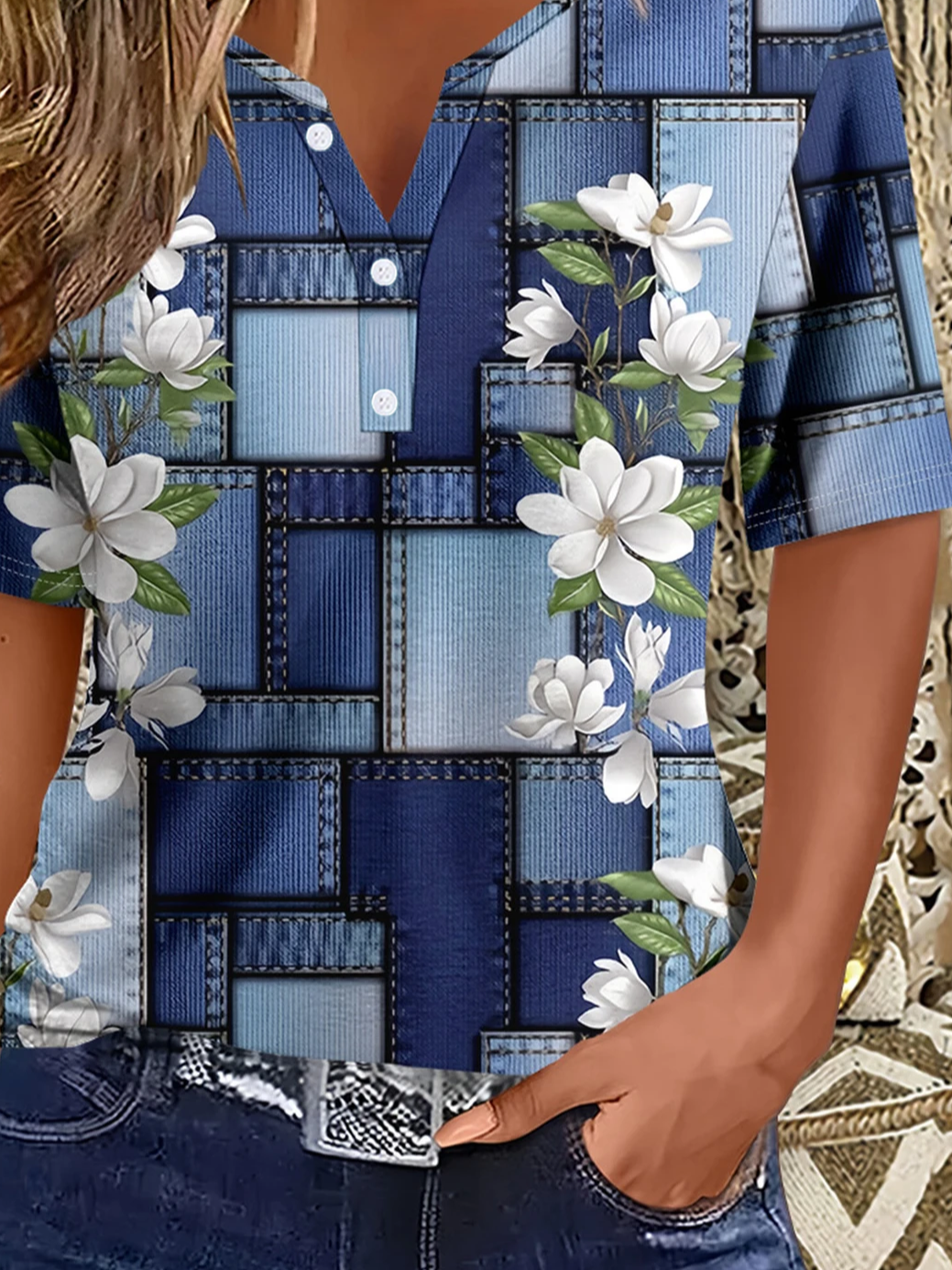Women's Short Sleeve T-shirt Summer Blue Faux Denim Print Graphic Printing Crew Neck Daily Going Out Casual Top