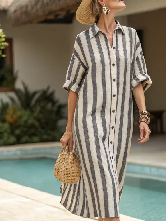 Cotton and linen women's resort shirt dress