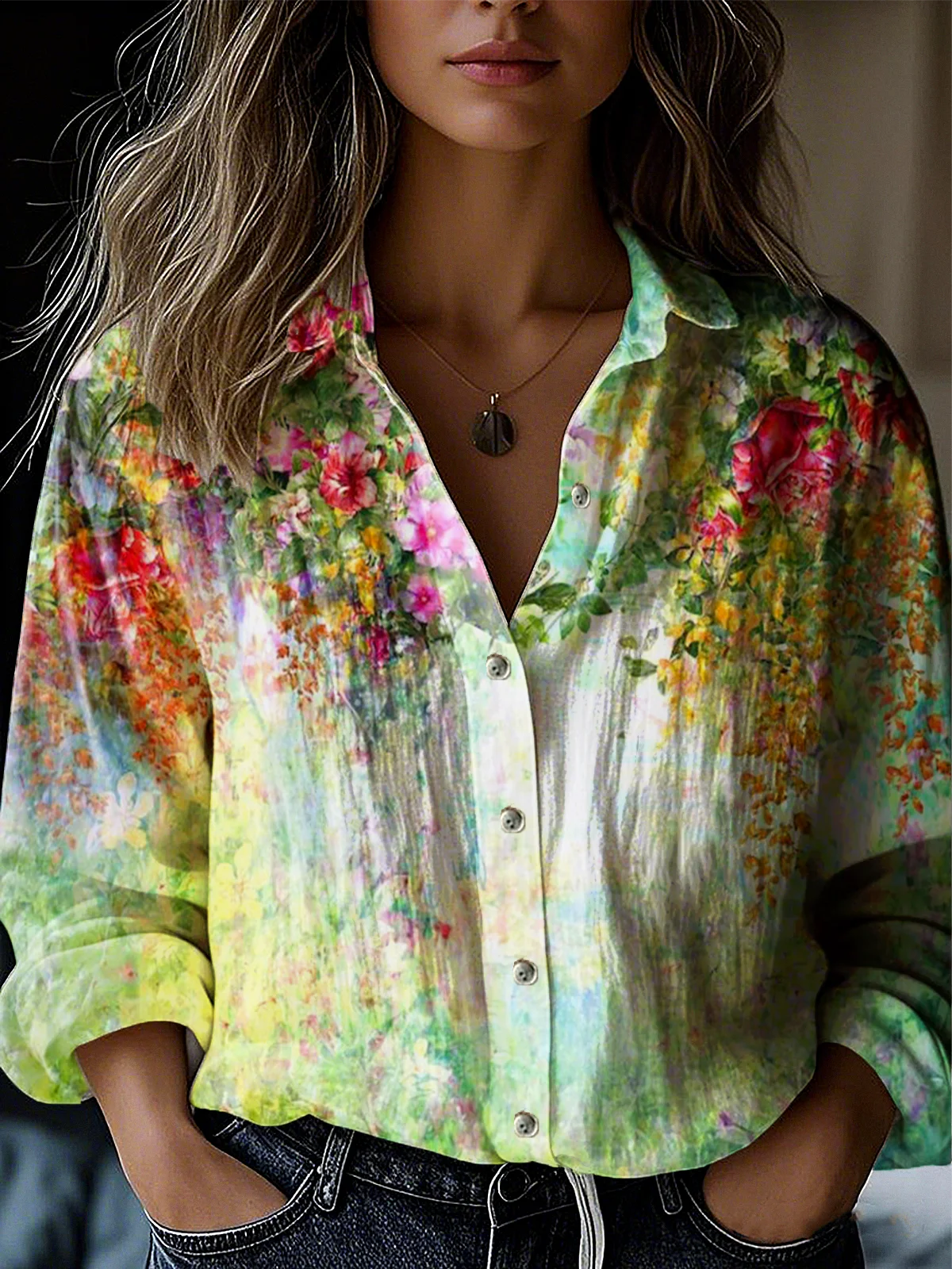 Shirt Collar Casual Loose Gradient Pattern Shirt