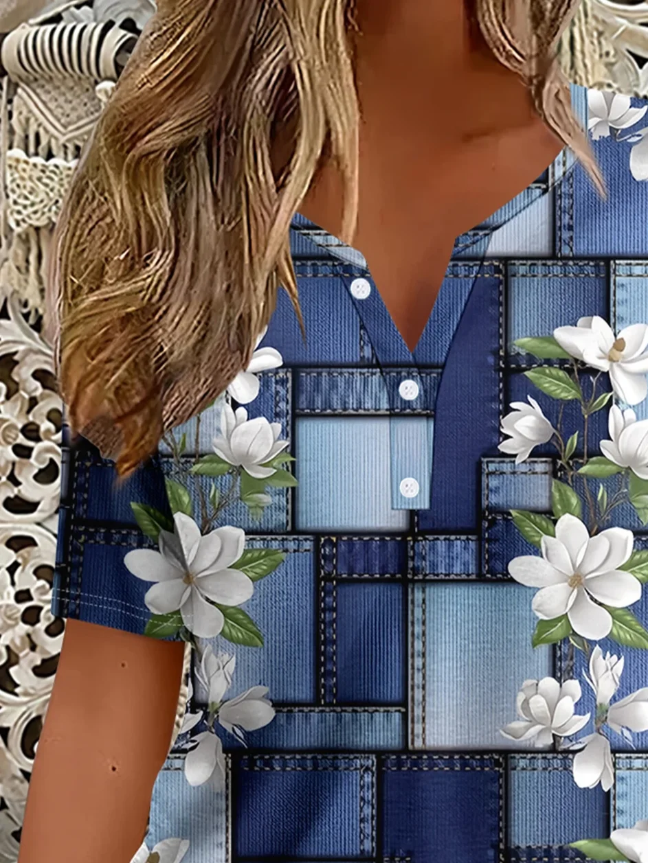 Women's Short Sleeve T-shirt Summer Blue Faux Denim Print Graphic Printing Crew Neck Daily Going Out Casual Top
