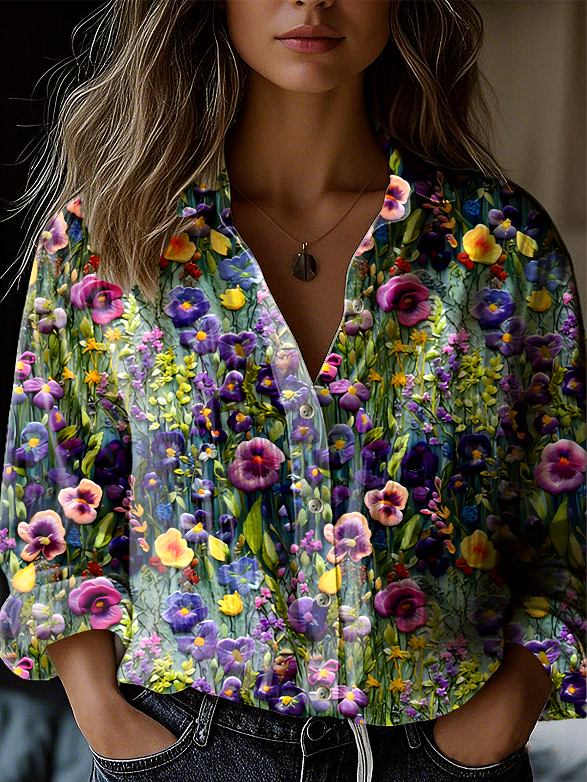 Loose Shirt Collar Casual Floral Shirt