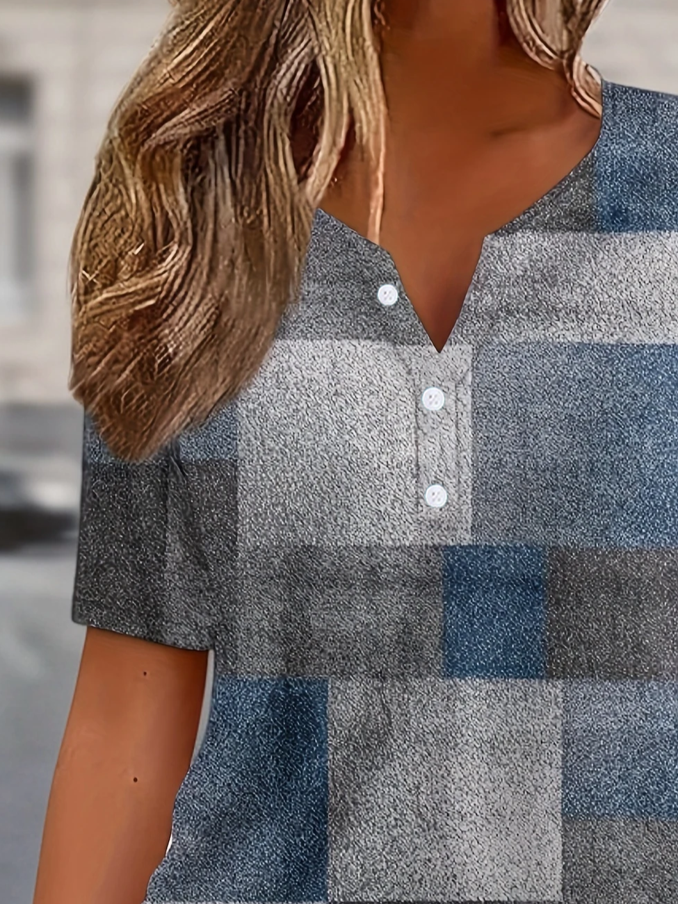 Women's Short Sleeve T-shirt Summer Blue Plaid Printing Crew Neck Daily Going Out Casual Top
