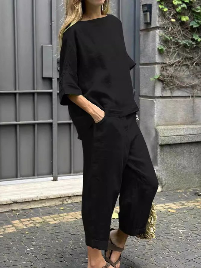 Crew Neck Loose Linen Blend Casual Two-Piece Set
