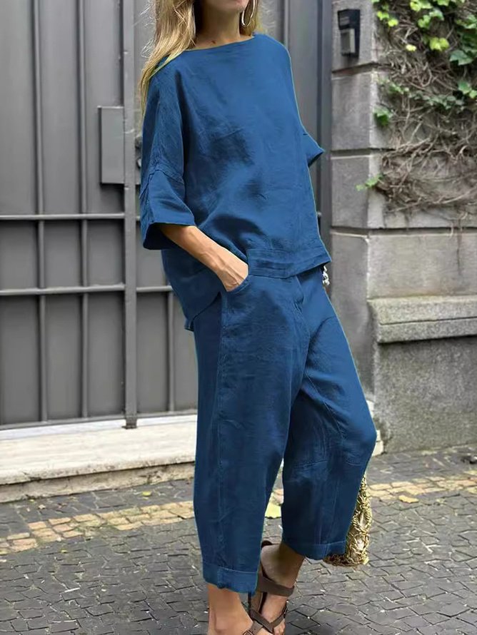 Crew Neck Loose Linen Blend Casual Two-Piece Set