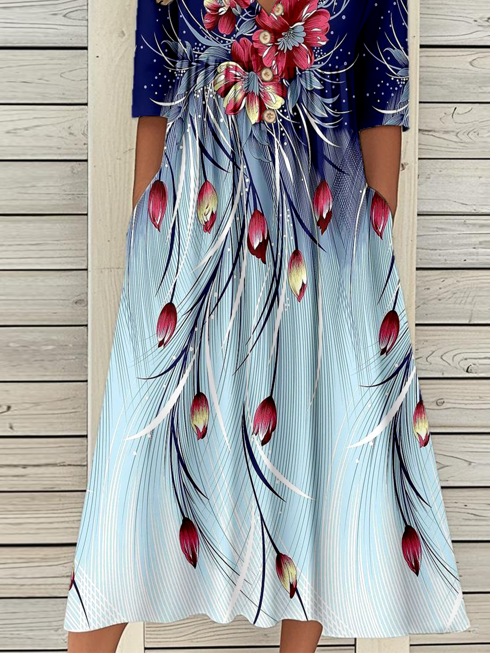 Casual Vintage Button Mid Sleeve Print Dress