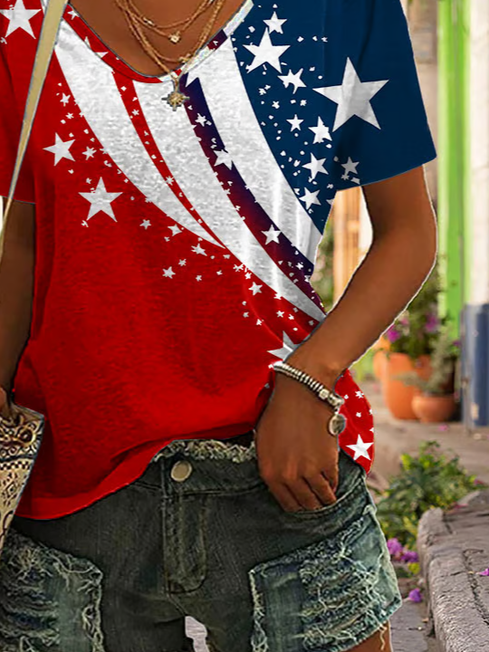 Women's Short Sleeve T-shirt Summer Red Independence Day (Flag) Printing V Neck Daily Going Out Casual Top