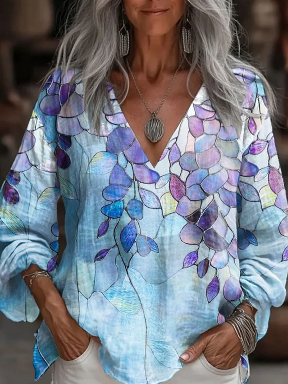 Print Casual V Neck Long Sleeve T-Shirt