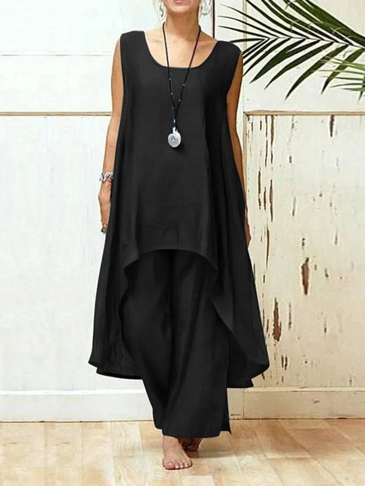 Casual Plain Crew Neck Two-Piece Set