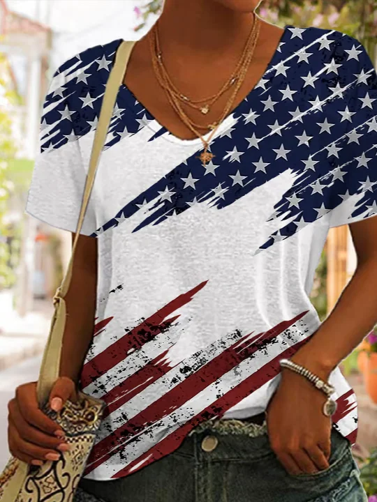 Women's Short Sleeve T-shirt Summer White Independence Day (Flag) Printing V Neck Daily Going Out Casual Top