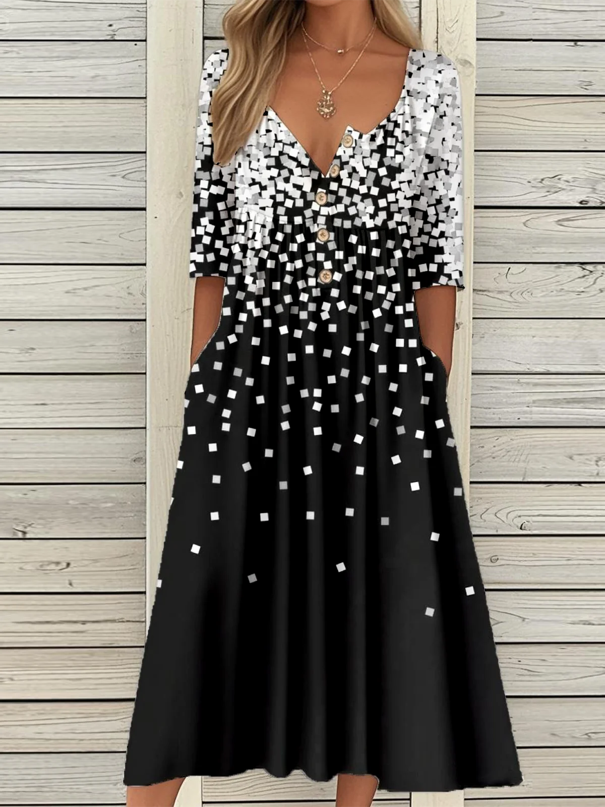 Casual Vintage Button Mid Sleeve Dress