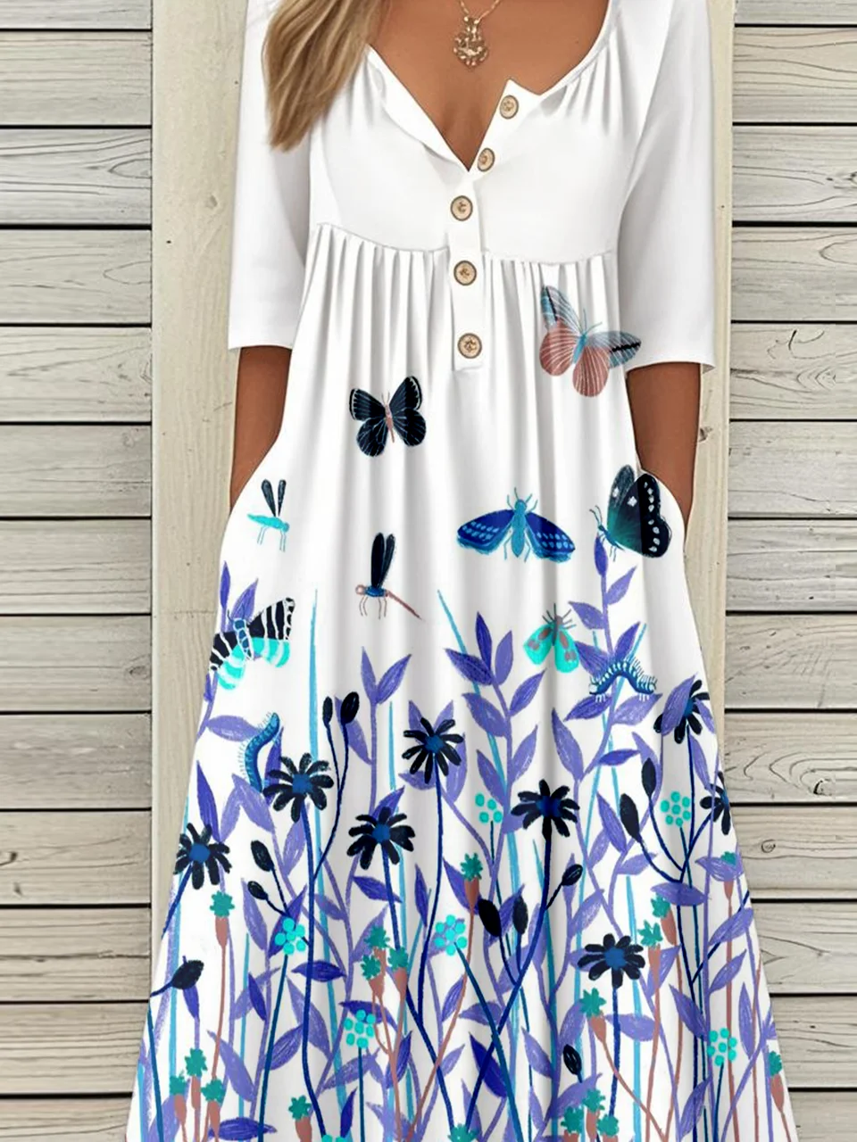 Casual Vintage Button Mid Sleeve Dress