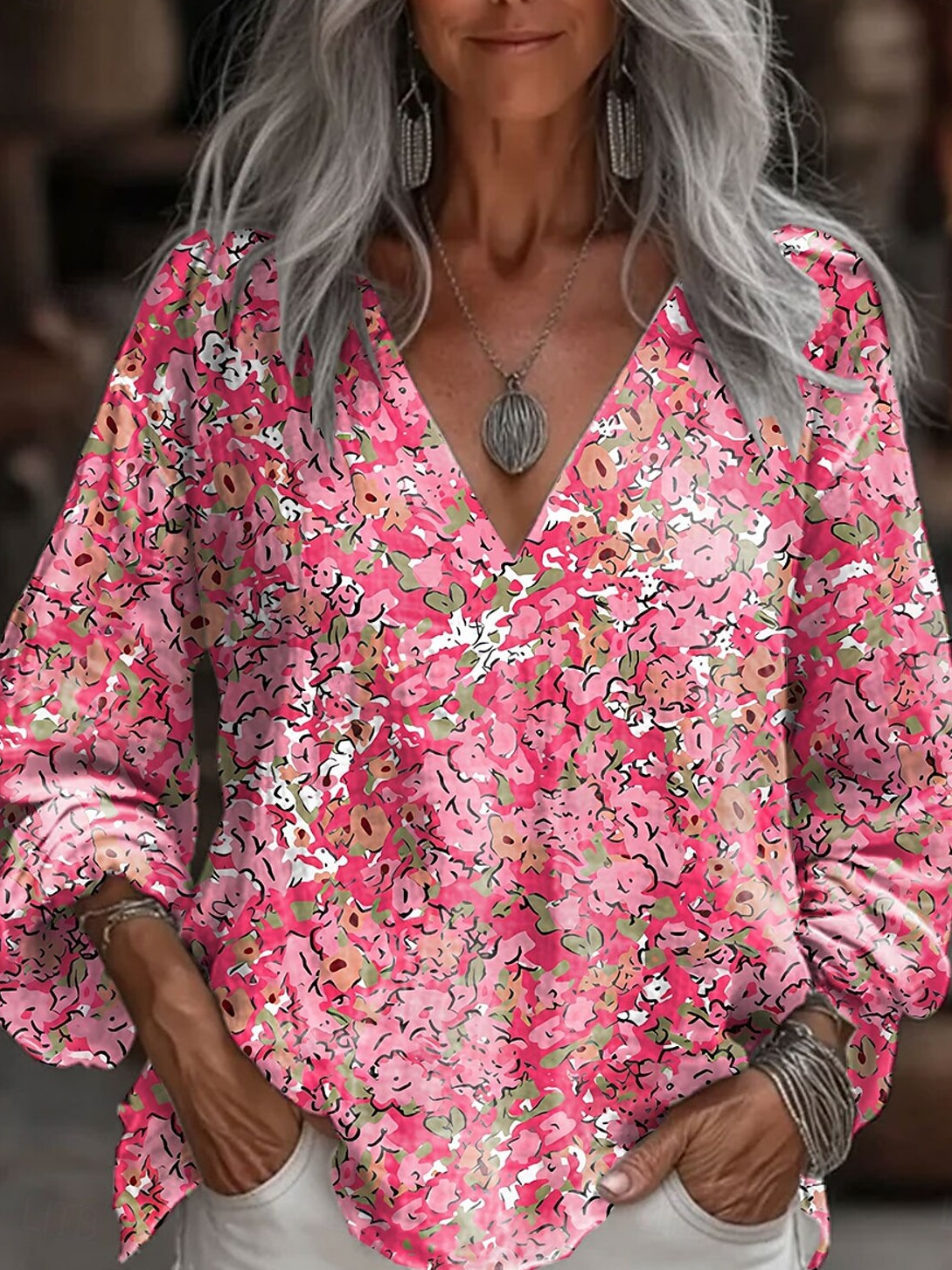 Print Casual V Neck Long Sleeve T-Shirt