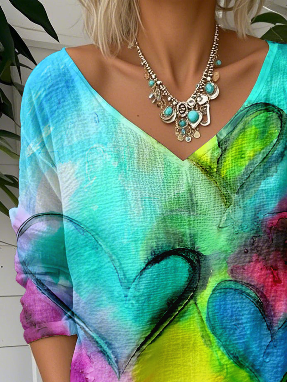 Loose V Neck Casual Ombre T-Shirt