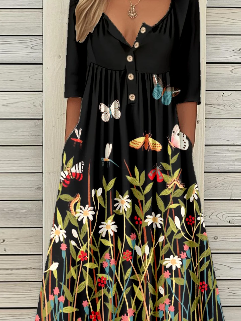Casual Vintage Button Mid Sleeve Dress
