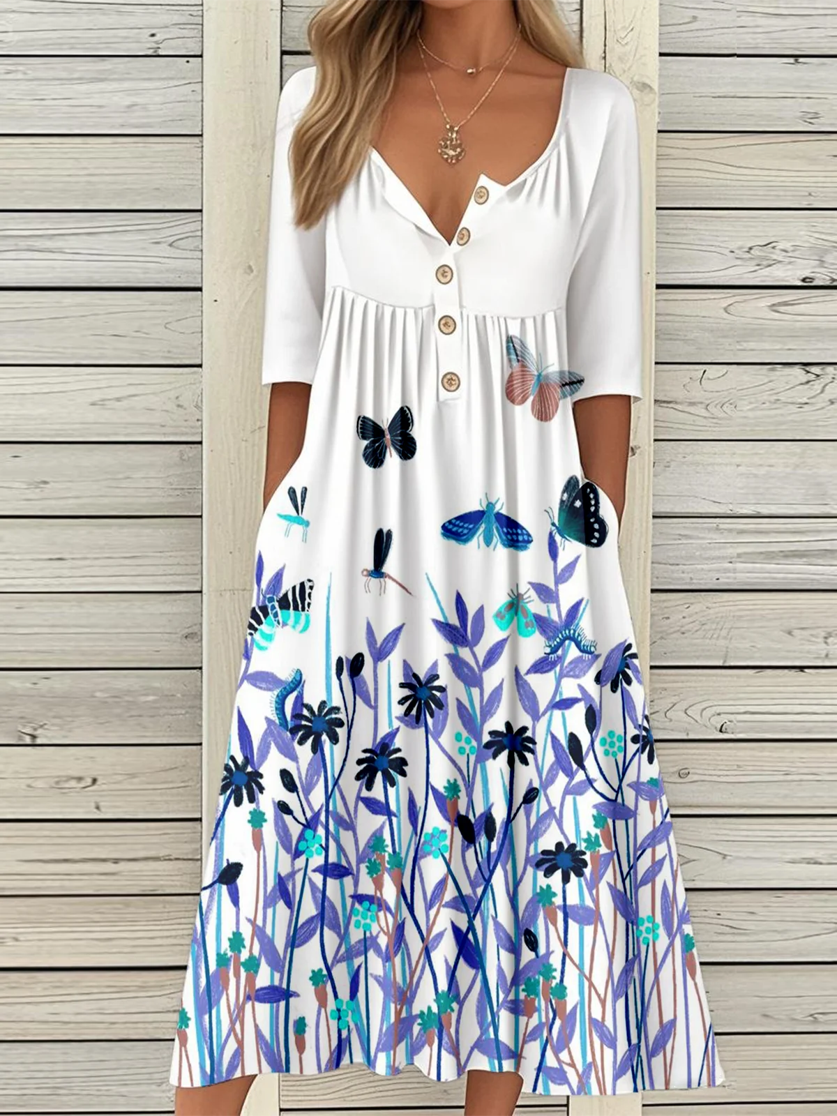 Casual Vintage Button Mid Sleeve Dress