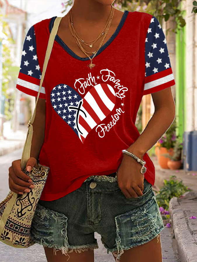 Women's Short Sleeve T-shirt Summer Black Independence Day (Flag) Printing V Neck Daily Going Out Casual Top