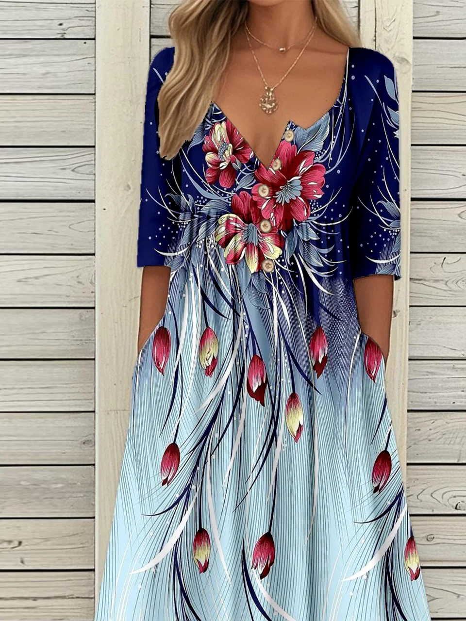Casual Vintage Button Mid Sleeve Print Dress
