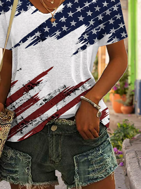 Women's Short Sleeve T-shirt Summer White Independence Day (Flag) Printing V Neck Daily Going Out Casual Top