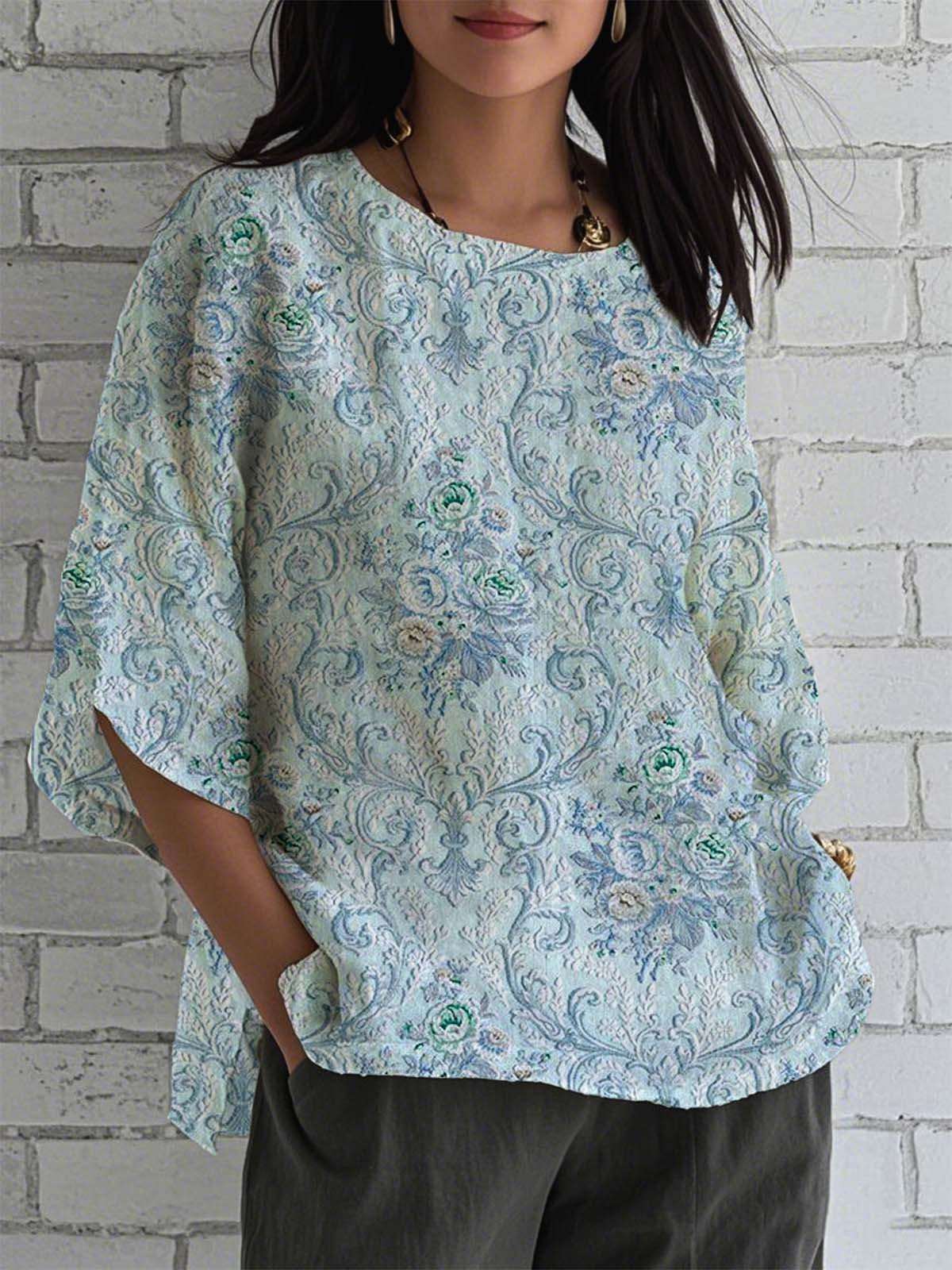 Loose Linen Blend Casual Crew Neck Shirt
