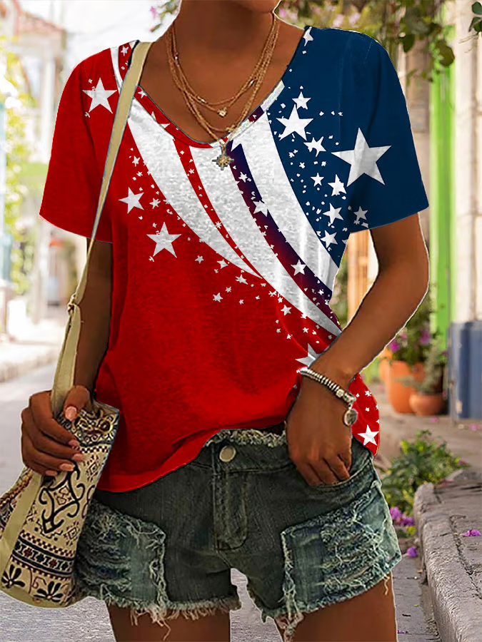 Women's Short Sleeve T-shirt Summer Red Independence Day (Flag) Printing V Neck Daily Going Out Casual Top