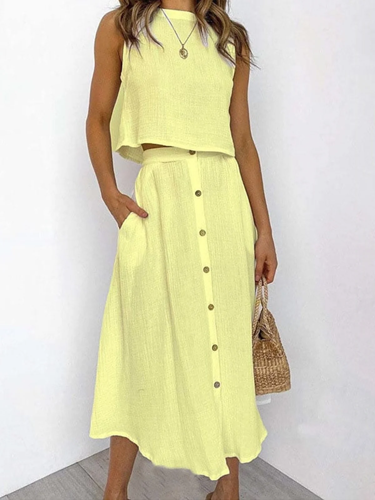 Casual Plain Crew Neck Two-Piece Set