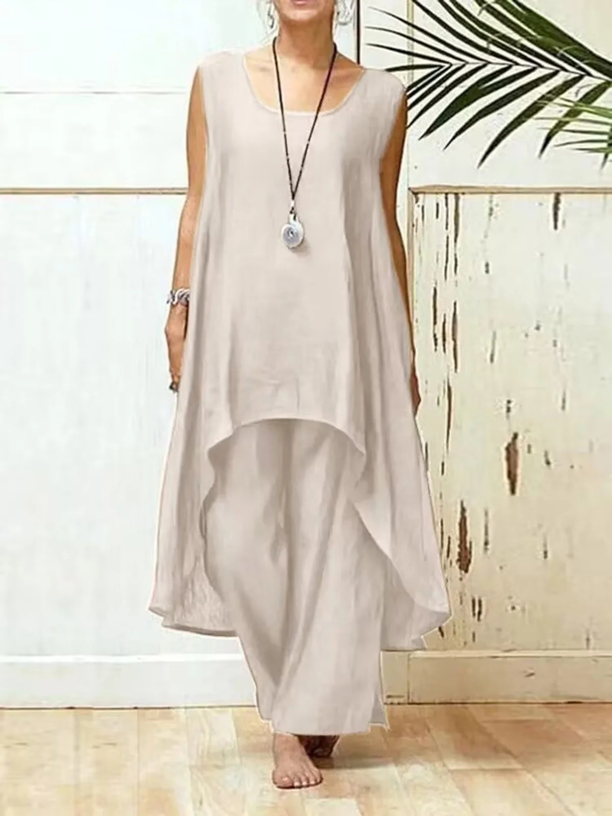 Casual Plain Crew Neck Two-Piece Set