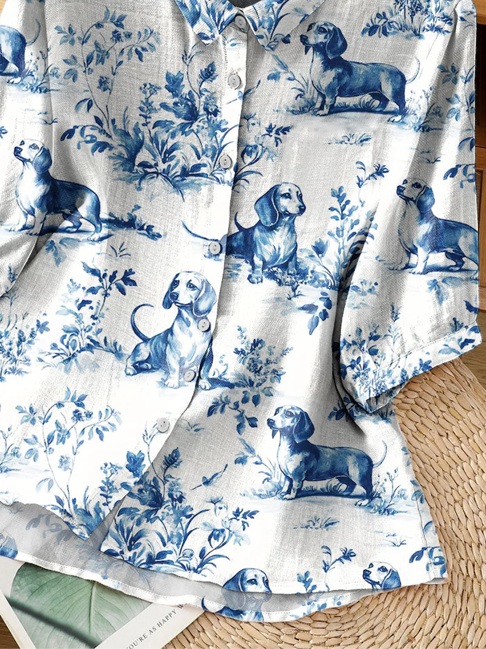 Women's Vintage Dog Dachshund Floral Art Print Casual Short Sleeve Shirt